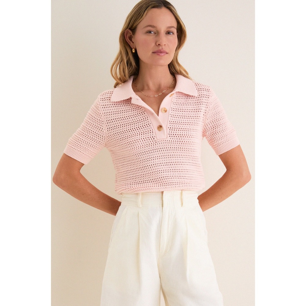 NEW Tuckernuck Pink Crochet Cotton Asher Polo Short Sleeve Knit Top XXL